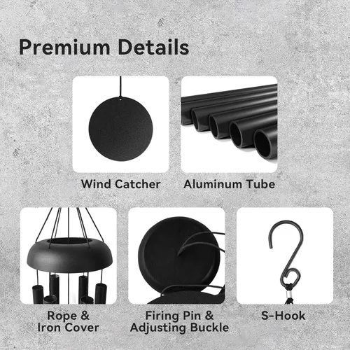 Miniatura 4 de Campanillas de viento para exteriores, campanillas de viento de metal de tono profundo de 32 pulgadas con 6 tubos de aluminio grueso, campanillas