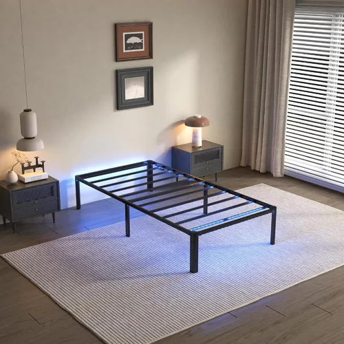 Miniatura 8 de DORITRON Base de cama individual con luces LED, plataforma de metal resistente de 14 pulgadas, tamaño individual con estación de carga, no necesita