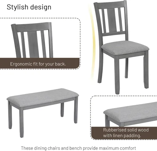Miniatura 6 de Elegante juego de mesa de comedor de madera de 6 piezas con 4 sillas de respaldo de listones y un banco, juego de mesa de comedor de cocina para 6