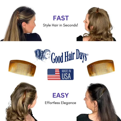 Miniatura 6 de Good Hair Days Peines laterales de Estados Unidos, 2 peines curvados grandes para el pelo de concha de tortuga para mujeres, giro francés, peinado