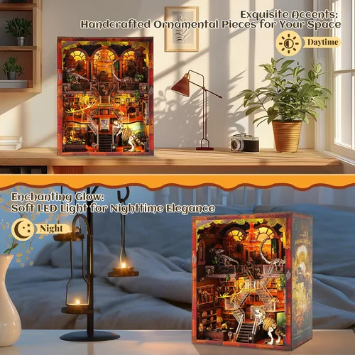 Miniatura 5 de Kit de rincón de libros para adultos – Registro de museo de dinosaurios, rompecabezas de casa de muñecas 3D de madera con luces LED, decoración