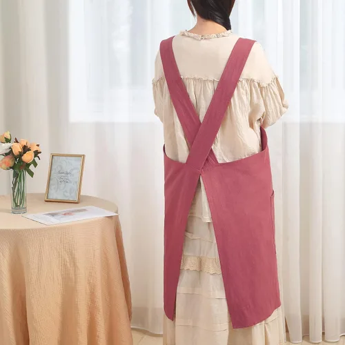 Miniatura 2 de Delantal de lino y algodón suave para mujer, delantal cruzado sin ataduras con bolsillos, ideal para floristería y cocina Rojo vino