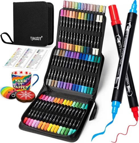 TANMIT Marcadores de pintura acrílica de doble punta de 60 colores, juego de bolígrafos de pintura con punta de pincel y punta fina para tela, roca,