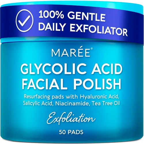 MAREE Almohadillas de ácido glicólico - Discos tonificantes para la limpieza facial - Disco exfoliante con aceite de árbol de té, ácido salicílico y