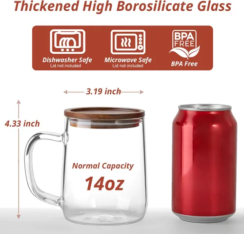 Miniatura 2 de Tazas de café de vidrio, tazas de café de vidrio de 14 onzas con tapas de madera de acacia, tazas de vidrio de borosilicato transparente con asas