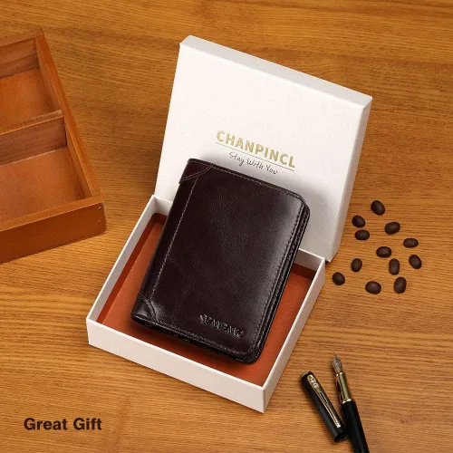 Miniatura 3 de CHANPINCL Billetera de piel triple con bloqueo RFID para hombre con 2 ventanas de identificación, 2 compartimentos para efectivo, 6-8 ranuras