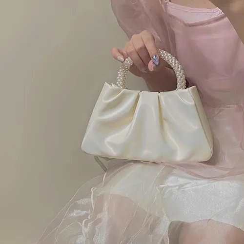 Miniatura 9 de Beatfull Bolso de noche para mujer, bolso de mano pequeño con perlas de cuero suave, bolso fruncido para boda, novia, fiesta, baile de graduación
