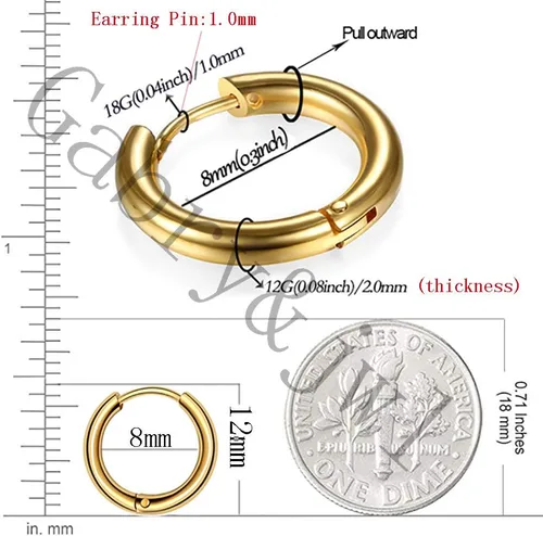 Miniatura 3 de Aretes de acero inoxidable 316L, argollas de 1564, 516, 2564, 716, 1532 y 3564 pulgadas, arracadas hipoalergénicas, para el cartílago, hélix