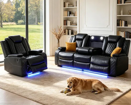 Miniatura 9 de Juego de sofá reclinable de cuero eléctrico con LED, juego de sala de estar de cuero, juego de sofá reclinable con puerto USB/soporte
