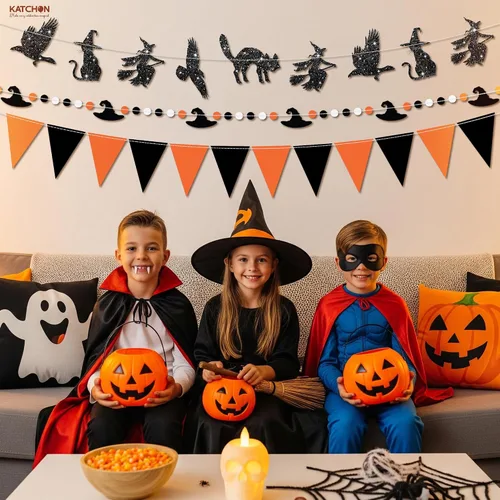 Miniatura 5 de KatchOn, Guirnalda de Halloween naranja y negra con purpurina, 10 pies, paquete de 3, banderines para decoraciones de Halloween, guirnalda