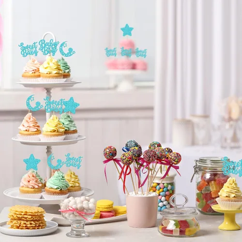 Miniatura 6 de Gyufise 24 piezas de adornos azules para cupcakes para bebé, con purpurina azul, estrellas, luna, dulce baby shower, niño, cupcakes para baby