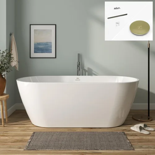 Miniatura 9 de FerdY 59" Bañera de acrílico independiente Bali Elite, bañera independiente de inmersión con forma elegante, certificada cUPC, desagüe negro Toe-Tap