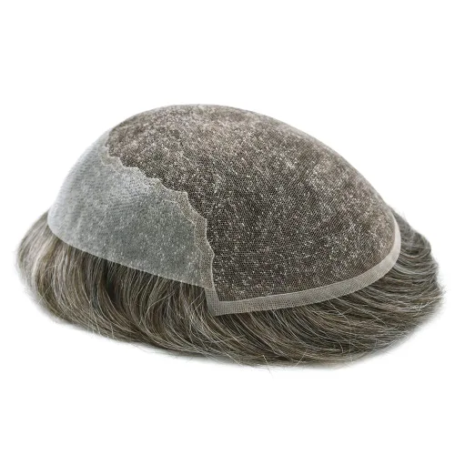 Miniatura 22 de Toupee para hombres, sistema de reemplazo de cabello humano Remy, nudos blanqueados, encaje frontal, piel fina, para hombre, color gris, pelucas