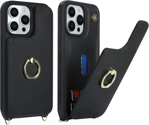 Miniatura 2 de Lipvina Funda para iPhone 11 Pro Max con tarjetero y correa para mujer, cordón cruzado, soporte de anillo con soporte, cierre a presión, bonitas