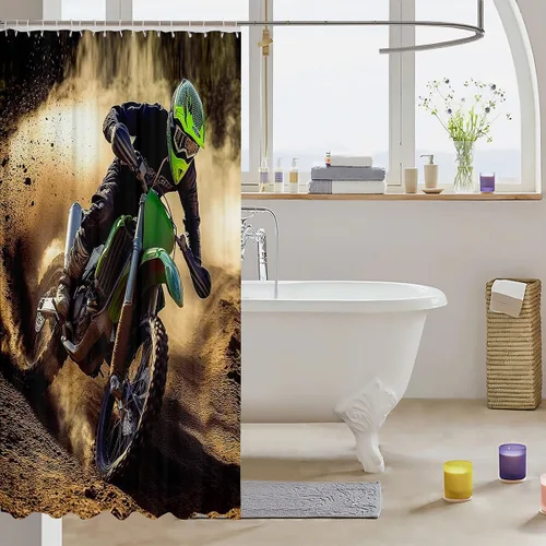 Miniatura 3 de Cortina de ducha verde para motocicletas, deportes extremos, juego de cortinas de ducha de tela impermeable para niños, motocross racer, para niños