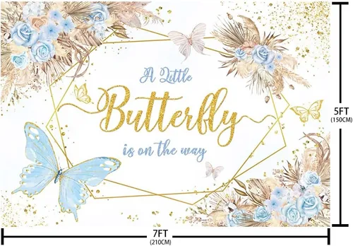 Miniatura 5 de AIBIIN Telón de fondo bohemio de mariposa para baby shower, de 7 x 5 pies, con texto en inglés "A Little Butterfly is on the Way", fondo de Azul