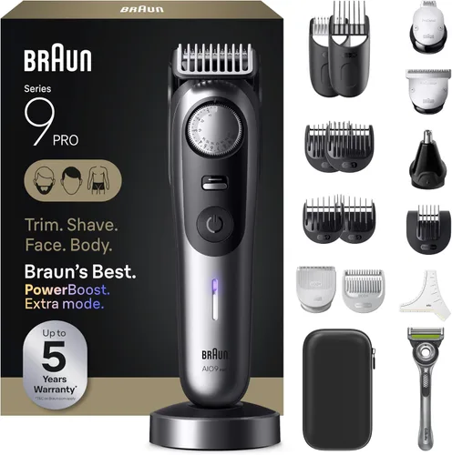 Braun Cortadora eléctrica de barba todo en uno Series 9 PRO para hombre, cortadora de pelo, afeitadora y maquinilla de afeitar para cara, cabello y