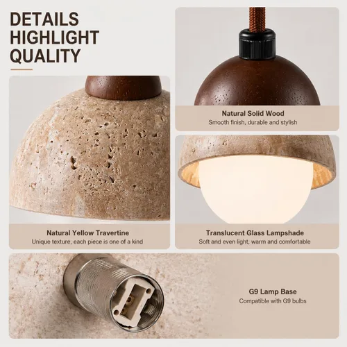 Miniatura 6 de Lámpara colgante de travertino natural con globo de vidrio esmerilado, moderna lámpara colgante Wabi Sabi para isla de cocina, comedor, dormitorio