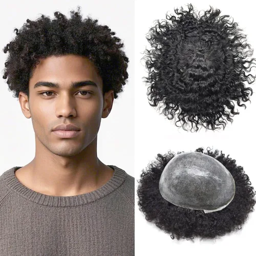 Miniatura 13 de FACE MIRACLE Afro Toupee para hombres negros, extensiones rizadas para hombre, todos los sistemas de cabello humano de poliuretano afroamericano 1B#