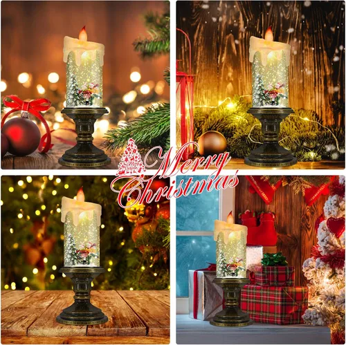 Miniatura 5 de AOMIL - Velas sin llama de Navidad, velas LED parpadeantes con temporizador, luces de bola de nieve para decoraciones navideñas Esquí