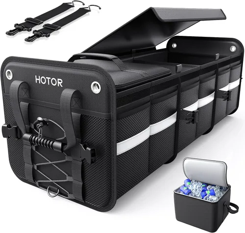 HOTOR Organizador de maletero, organizador de automóvil de 3 compartimentos y almacenamiento con bolsa refrigeradora, organizador de almacenamiento