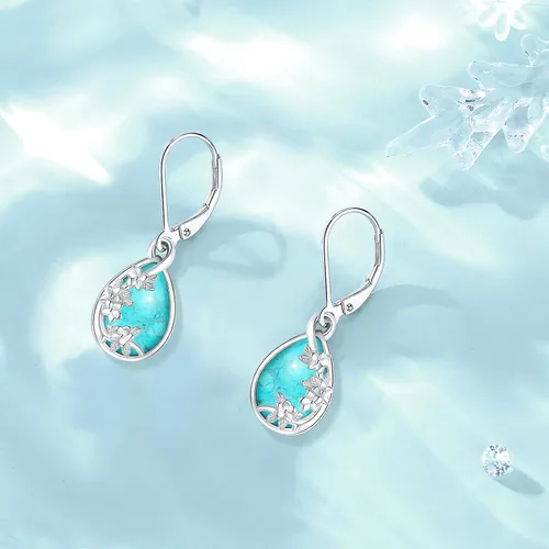 Miniatura 69 de Aretes colgantes de plata de ley con diseño de árbol de la vida, flor, abeja, animales, gato, colibrí, piedra lunar, turquesa, aretes con cierre