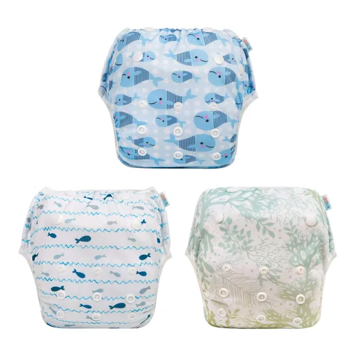 Miniatura 53 de Alva, Pañales de bebé para nadar, paquete de 2 unidades, talle único, reutilizable, lavable y ajustable de 0 a 36 meses. Tamaño de 10 a 40 lbs