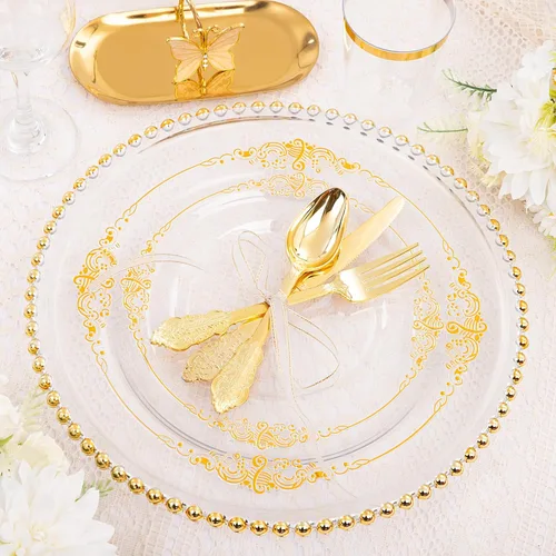Miniatura 8 de Hioasis 350 platos de plástico transparente y dorado, elegante juego de vajilla desechable adecuado para 50 invitados, incluye platos de cena