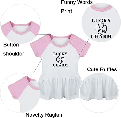 Miniatura 2 de iDzn Pack of 2, Lucky Charm & Born Again 2 Funny Print Dresses, Newborn Infant Baby Girls Princess Dress, Cute Ruffle