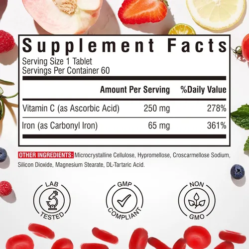 Miniatura 5 de Suplemento de hierro, 65 mg de hierro carbonilo con 250 mg de vitamina C, píldoras de hierro amigables con el estómago para mujeres y hombres, alta