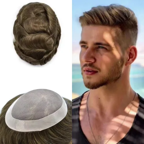 Miniatura 18 de Toupee de cabello humano fino mono revestido de poliéster para hombre, postizo de monofilamento duradero NPU monofilamento tupé para hombres