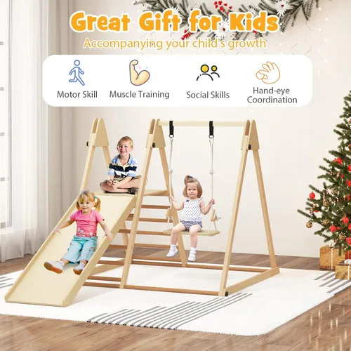 Miniatura 8 de HONEY JOY Gimnasio de la selva interior para niños, gran juego de escalador 5 en 1 con columpio para bebé, rampa deslizante, escalera y pared