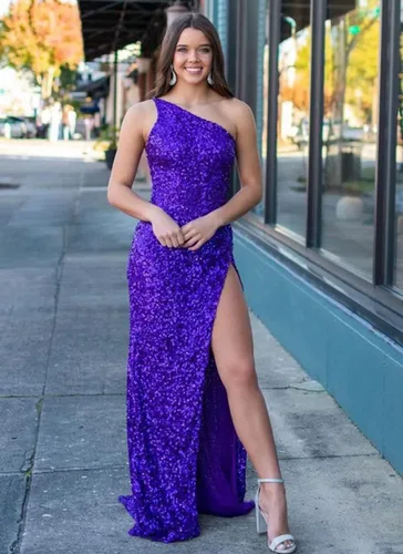 Miniatura 2 de One Shoulder Sequins Prom Dresses Mermaid Long Formal Evening Dresses Ball Gowns for Women with Slit