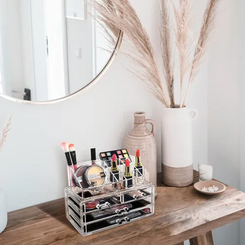 Miniatura 8 de Ikee Design Organizador de maquillaje acrílico con 4 cajones y soportes removibles para lápices labiales en la parte superior, ideal para maquillaje