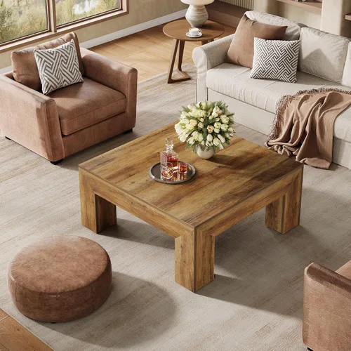 Miniatura 4 de Tribesigns Mesa auxiliar cuadrada de 39.4 pulgadas para sala de estar, mesa de cóctel central de decoración de granja con patas de madera