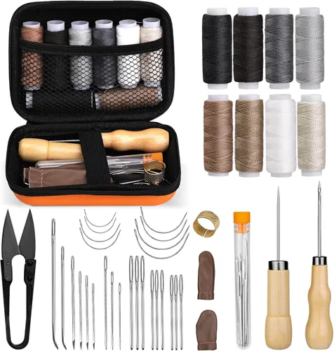 Kit de costura de reparación de tapicería, kit de costura de cuero resistente, kit de trabajo de cuero con 8 hilos de tapicería, agujas de tapicería