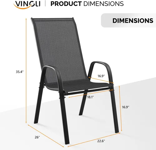Miniatura 3 de VINGLI Juego de 2 sillas de patio – Sillas de comedor apilables para exteriores con cómodas sillas de respaldo alto y reposabrazos para césped