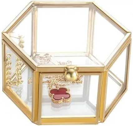 Feyarl Pequeña caja de joyería de cristal dorado para joyería de joyería de joyería de cristal adornado, caja organizadora de recuerdos, caja