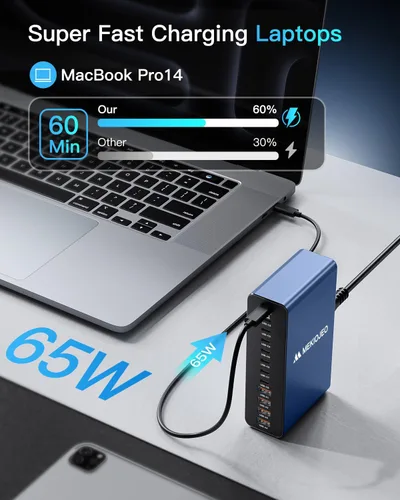 Miniatura 3 de MEKIOJEO 12 puertos de aleación de aluminio 380W estación de carga rápida USB C Bloque de cargador 65W cargador GaN para MacBook Pro/Air/iPad