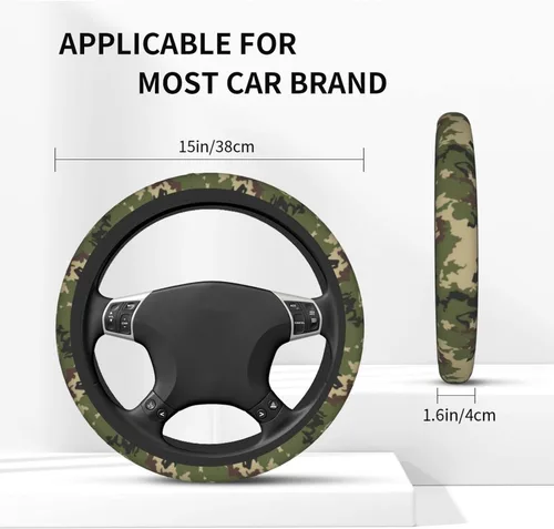 Miniatura 3 de Funda para volante de camuflaje verde para mujeres y hombres con 2 posavasos de automóvil, fundas universales de 14.5 a 15 pulgadas, accesorios