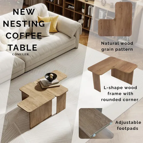 Miniatura 3 de Juego de 2 mesas de centro anidables modernas, de madera natural, en forma de L, para sala de estar, mesa auxiliar pequeña con mesa central ligera