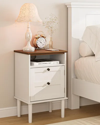 Miniatura 13 de Mesita de noche, mesita de noche bohemia con 1 cajón, mesa auxiliar moderna con estante abierto, mesa auxiliar de noche de madera para dormitorio