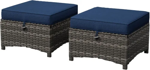 Juego de 2 otomanas para patio, 22 x 22 x 18 pulgadas, reposapiés de mimbre para exteriores con cojín, azul, para jardín, patio trasero, cubierta,