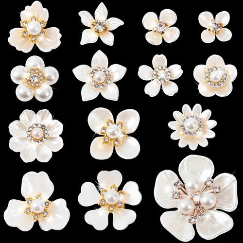 Miniatura 10 de HINZIC 40 piezas de botones de diamantes de imitación de perlas, broches de flores, adornos dorados y plateados, dijes decorativos de boda