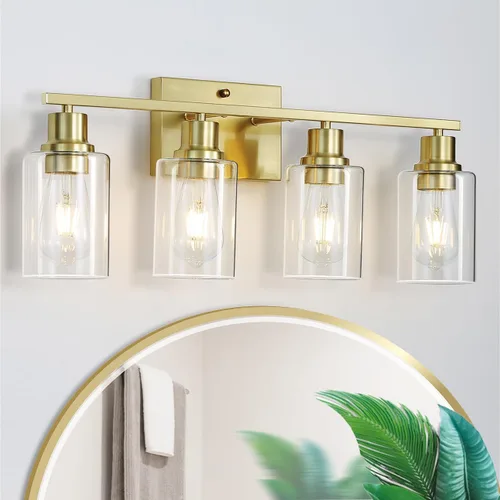 Luces de tocador de baño de oro cepillado para baño, accesorios de iluminación de baño de 4 luces sobre el espejo, apliques de pared de latón