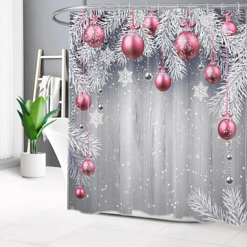 Miniatura 2 de LB Pink Christmas Shower Curtain Sets with Rugs Snowflake and Fir Twigs with Xmas Ball on Rustic Grey Wood Fabric Shower Curtain with Hooks Winter