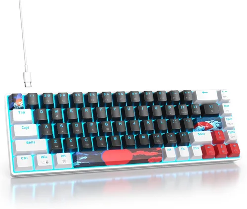 Miniatura 19 de Teclado mecánico portátil 60 % para juegos, teclado de oficina mini compacto con retroiluminación LED azul hielo de 61 teclas con cable, interruptor
