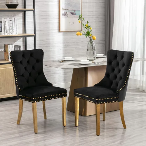 Miniatura 11 de Juego de 2 sillas de comedor de terciopelo, sillas decorativas tapizadas con patas de metal plateado, ribete de cabeza de clavo, tirador de anillo