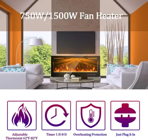 Miniatura 7 de COSTWAY Chimenea eléctrica de 50 pulgadas, 750 W/1500 W empotrada en pared y montaje con control remoto, 9 colores de llama, 5 ajustes de brillo