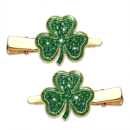 Miniatura 8 de Pinzas para el cabello del Día de San Patricio con diamantes de imitación con purpurina de hoja verde para mujer, pinzas para el pelo de trébol